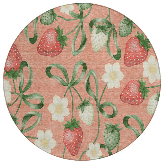 8' Salmon And Orange Round Floral Washable Indoor Outdoor Area Rug HomeRoots