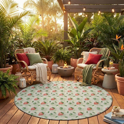 8' Green And Red Round Floral Washable Indoor Outdoor Area Rug HomeRoots