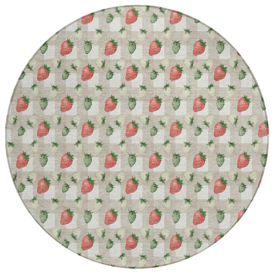 8' Ivory And Beige Round Floral Washable Indoor Outdoor Area Rug