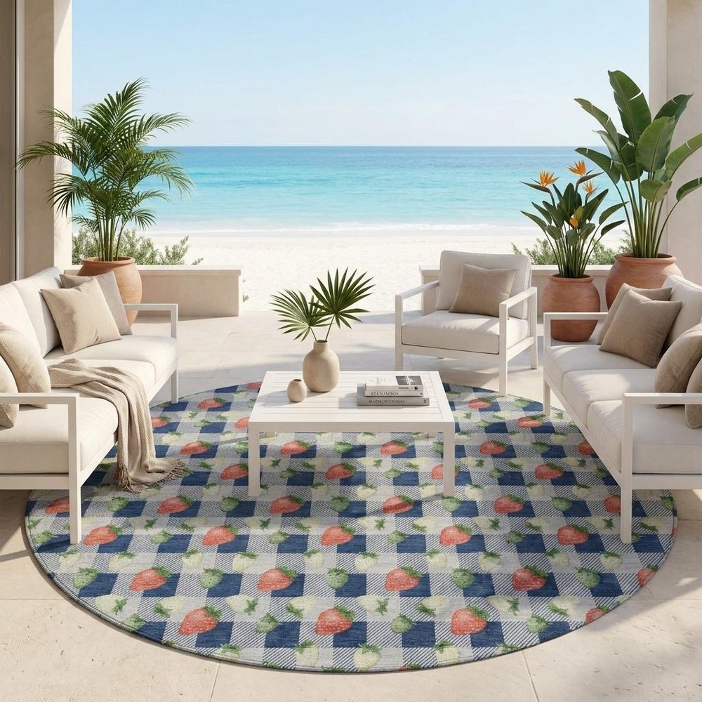 8' Navy Blue And Blue Round Floral Washable Indoor Outdoor Area Rug HomeRoots