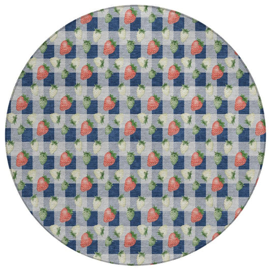 8' Navy Blue And Blue Round Floral Washable Indoor Outdoor Area Rug HomeRoots