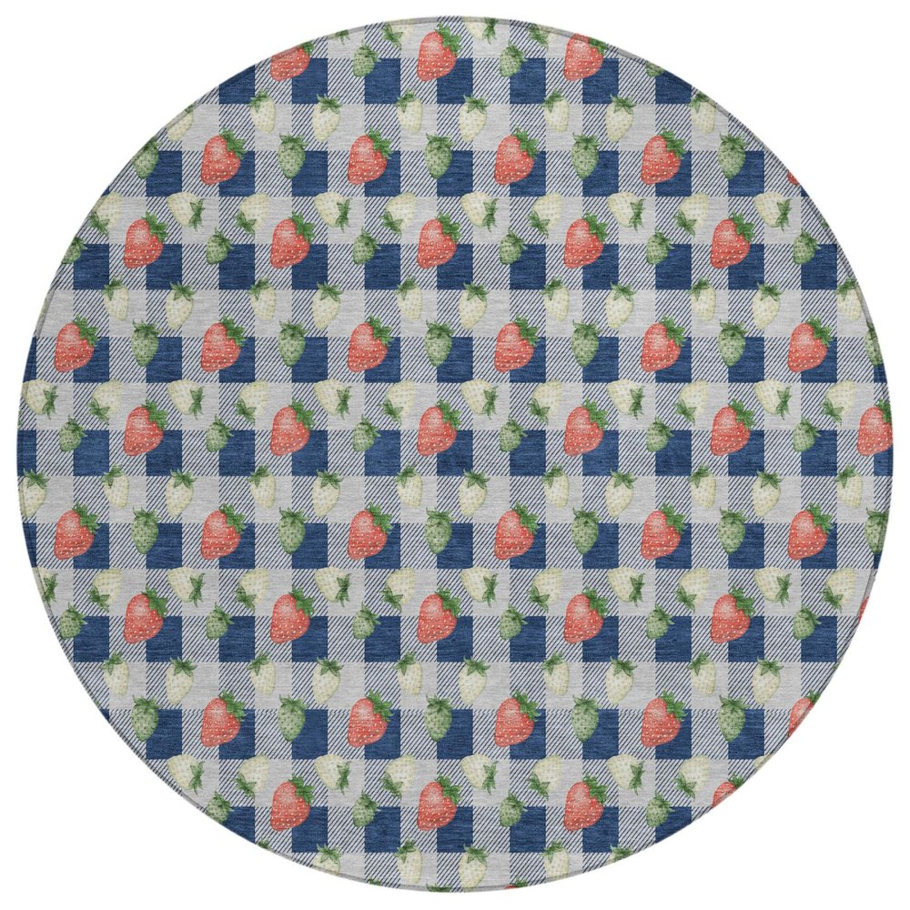 8' Navy Blue And Blue Round Floral Washable Indoor Outdoor Area Rug HomeRoots