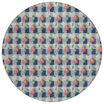8' Navy Blue And Blue Round Floral Washable Indoor Outdoor Area Rug HomeRoots