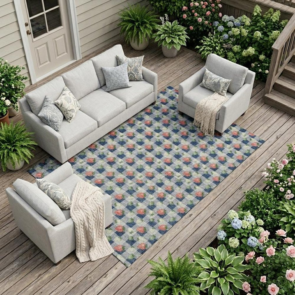 10' X 14' Navy Blue And Blue Floral Washable Indoor Outdoor Area Rug HomeRoots