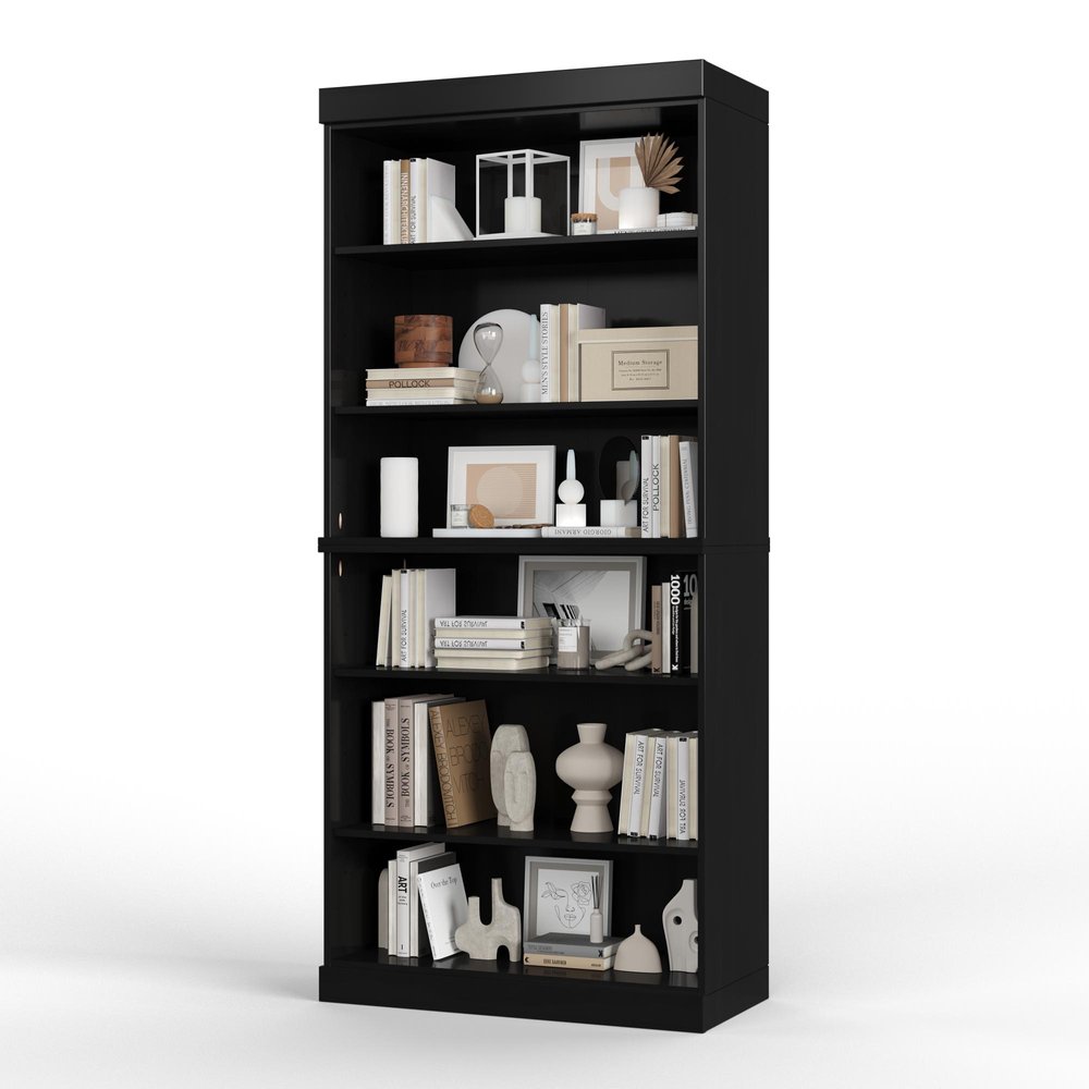 72" Black Solid Wood Adjustable Six Tier Library Bookcase — view 1