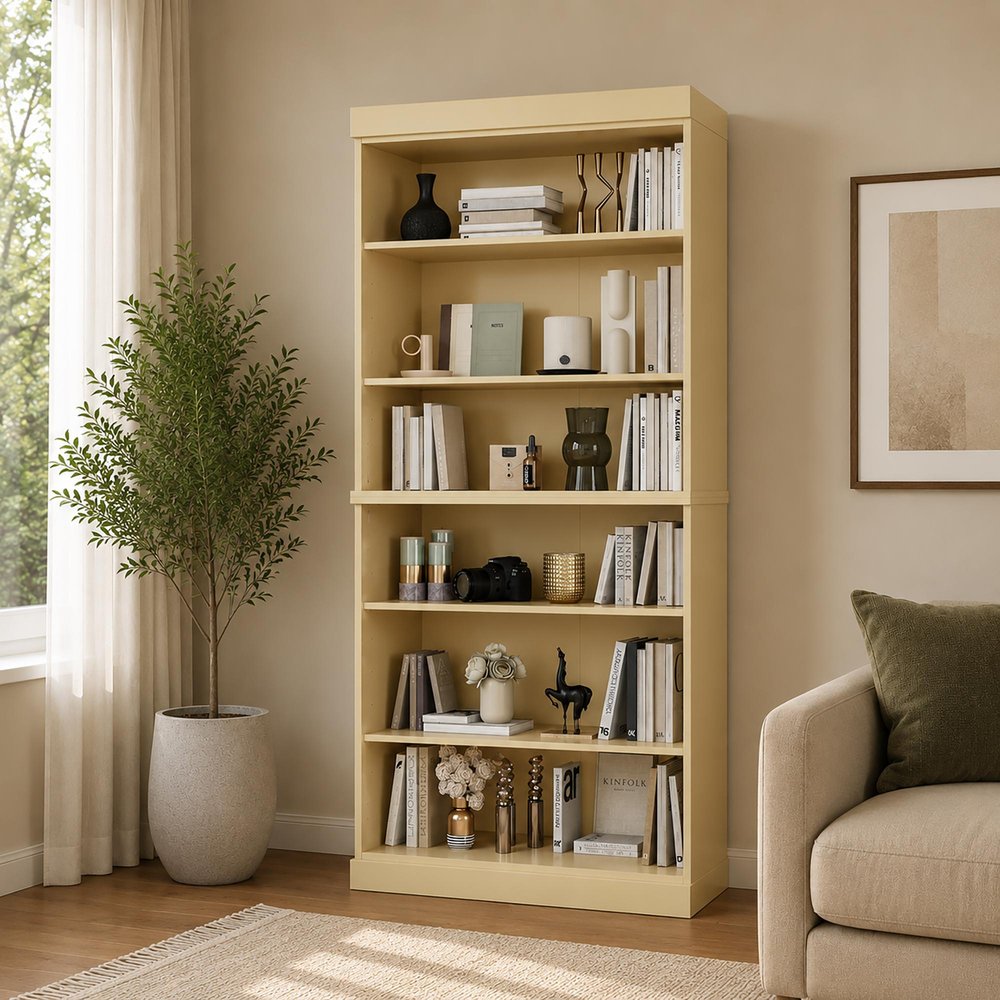 72" Yellow Solid Wood Adjustable Six Tier Library Bookcase — view 2