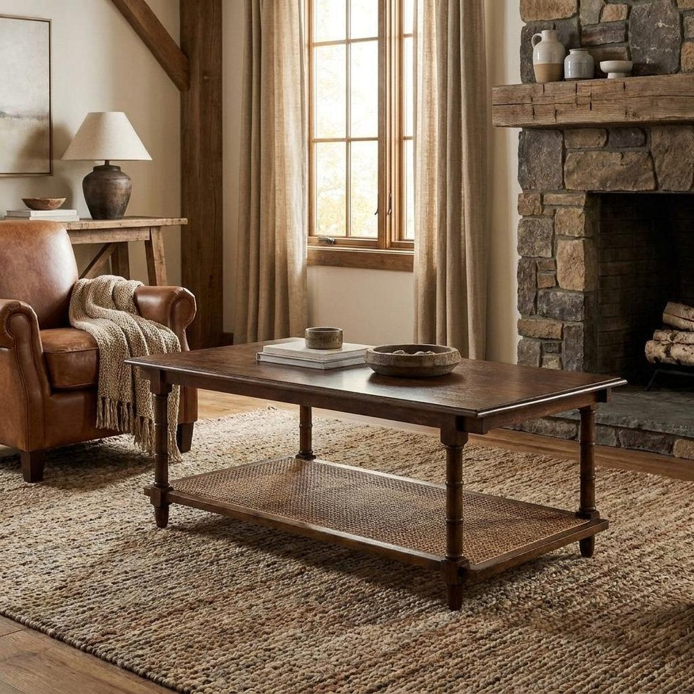 42" Chestnut Solid Wood and Rattan Coffee Table HomeRoots