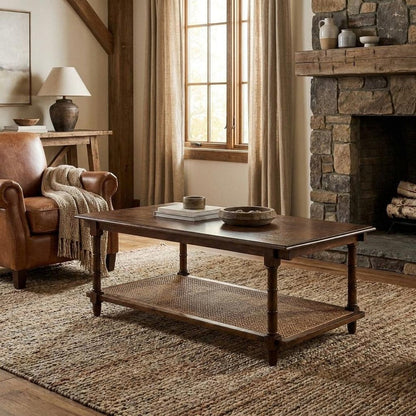42" Chestnut Solid Wood and Rattan Coffee Table HomeRoots