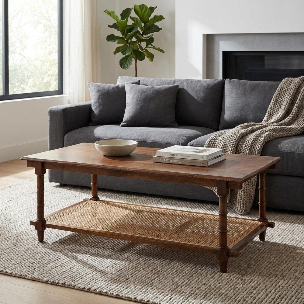 42" Chestnut Solid Wood and Rattan Coffee Table — view 9