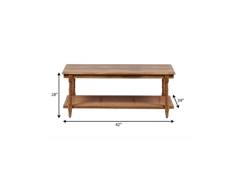 42" Natural Solid Wood and Rattan Coffee Table HomeRoots