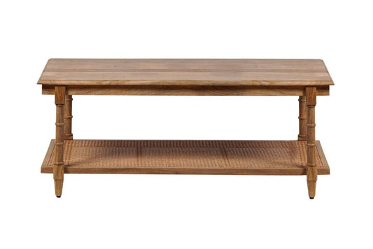 42" Natural Solid Wood and Rattan Coffee Table