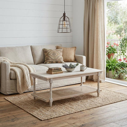 42" White Solid Wood and Rattan Distressed Coffee Table HomeRoots