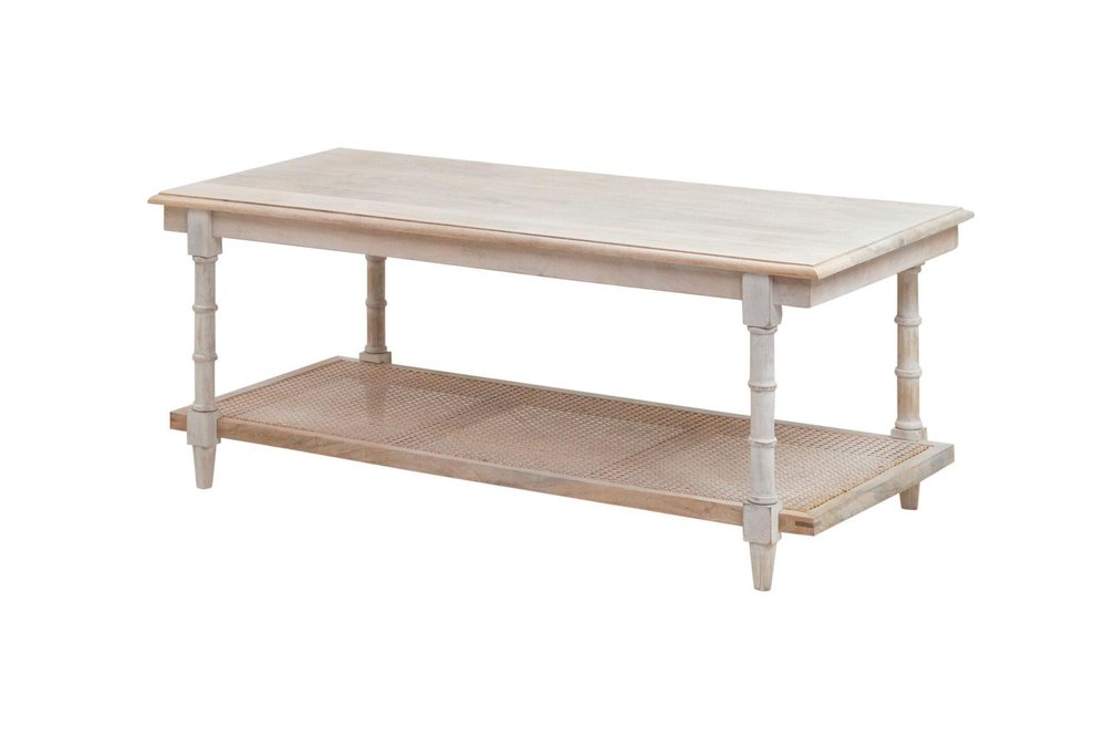 42" White Solid Wood and Rattan Distressed Coffee Table — view 3