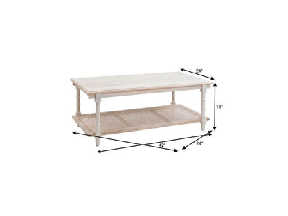 42" White Solid Wood and Rattan Distressed Coffee Table HomeRoots