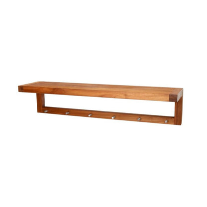 36" Brown Solid Wood Wall Mounted Floating Shelf With Hooks