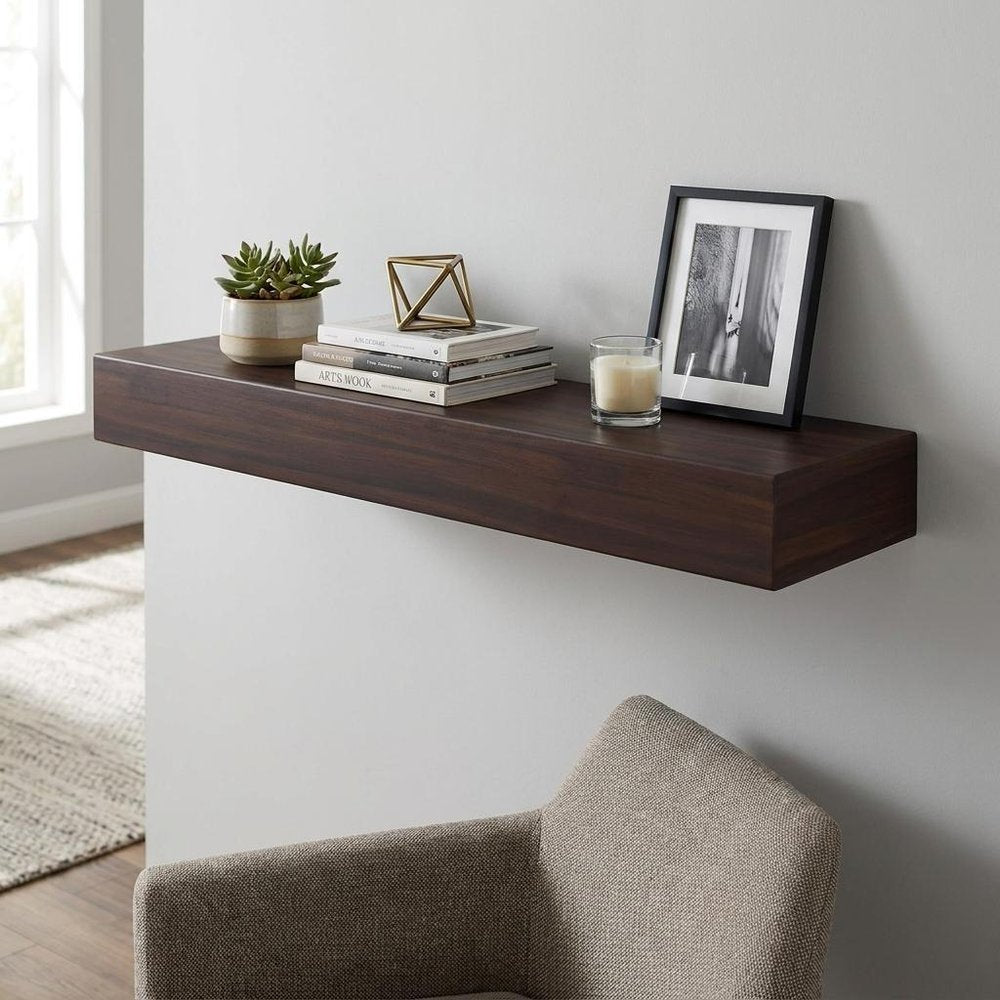 12" Espresso Solid Wood Wall Mounted Floating Shelf HomeRoots