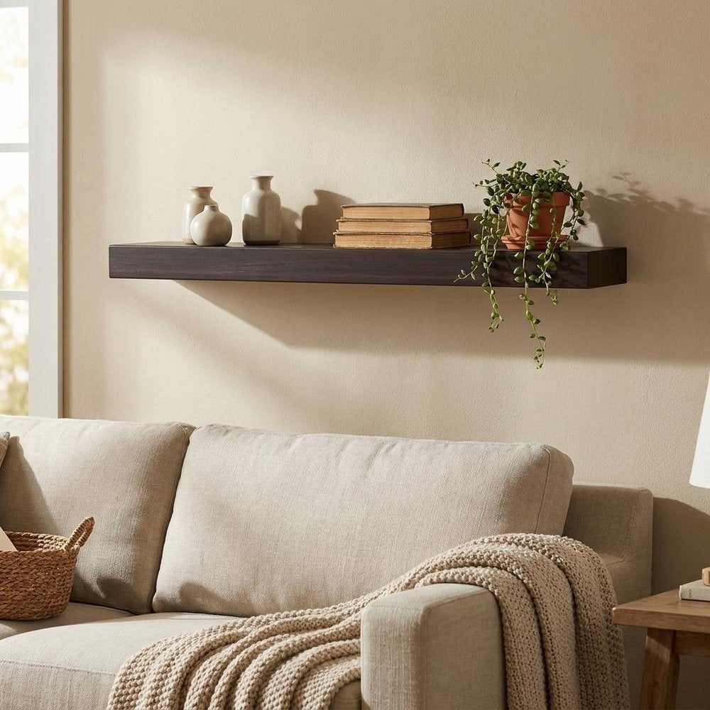 12" Espresso Solid Wood Wall Mounted Floating Shelf HomeRoots