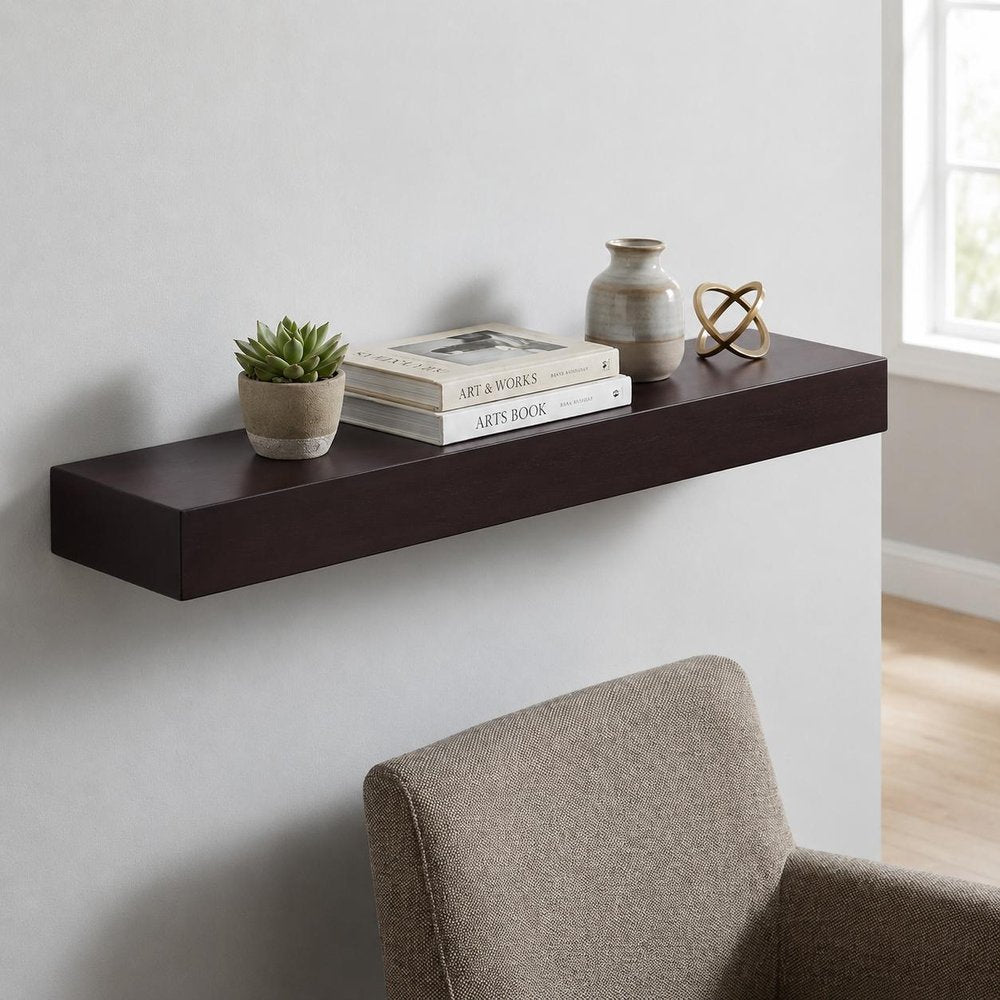 12" Espresso Solid Wood Wall Mounted Floating Shelf HomeRoots