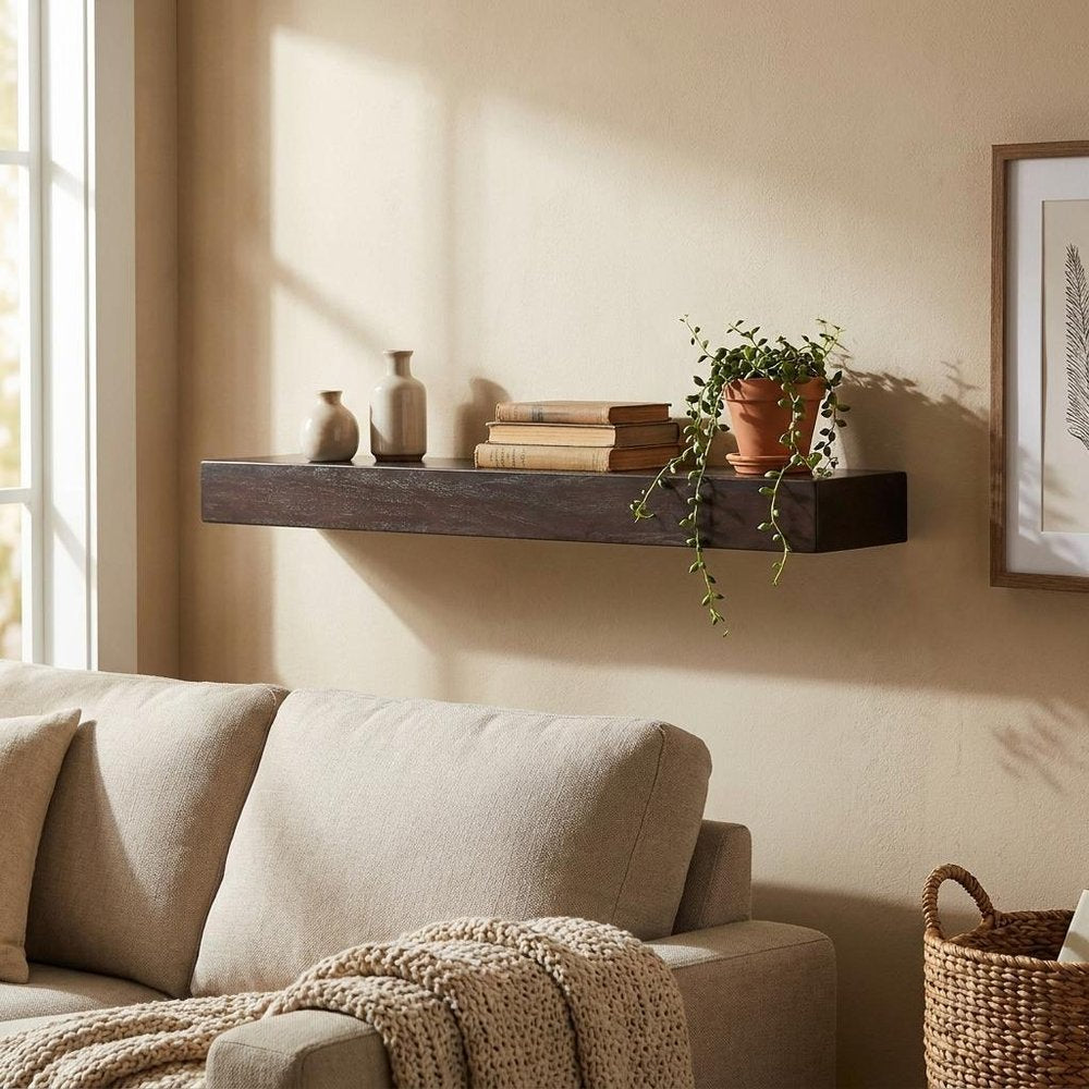 12" Espresso Solid Wood Wall Mounted Floating Shelf HomeRoots