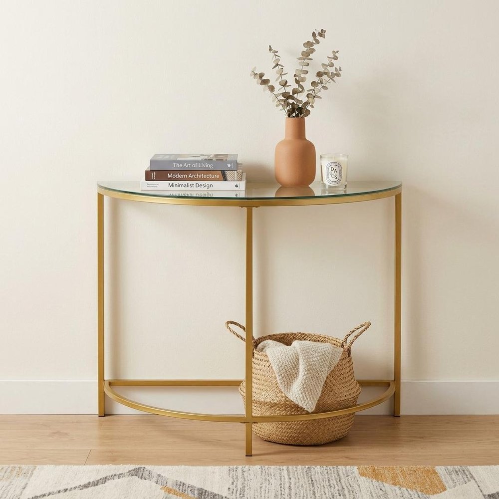 29" Clear and Gold Glass and Iron Half Circle Three Leg Console Table — view 8