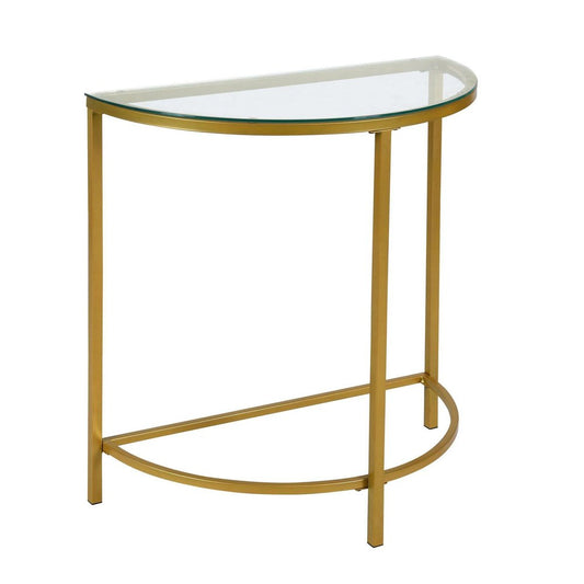 29" Clear and Gold Glass and Iron Half Circle Three Leg Console Table HomeRoots