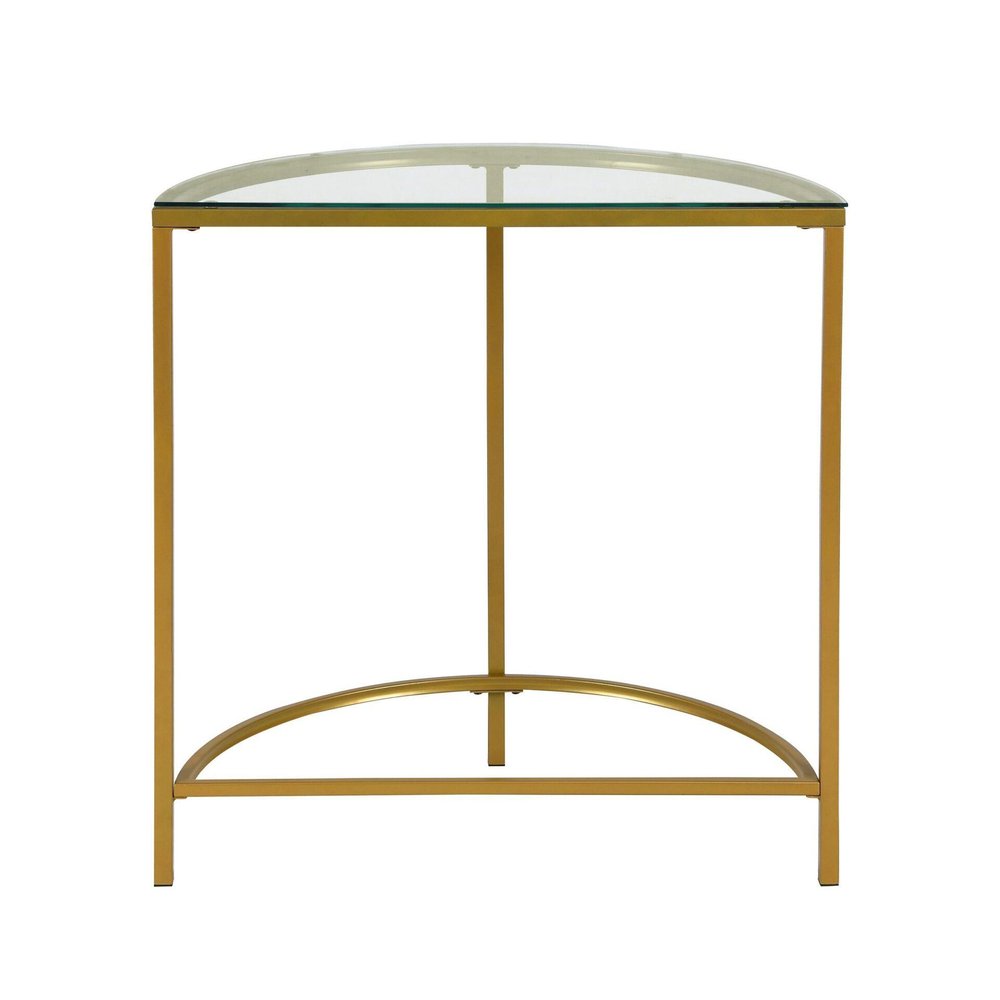 29" Clear and Gold Glass and Iron Half Circle Three Leg Console Table — view 2