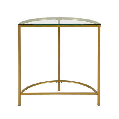 29" Clear and Gold Glass and Iron Half Circle Three Leg Console Table