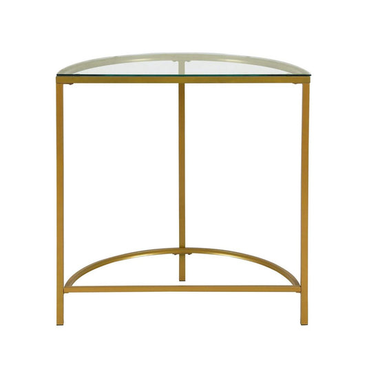 29" Clear and Gold Glass and Iron Half Circle Three Leg Console Table