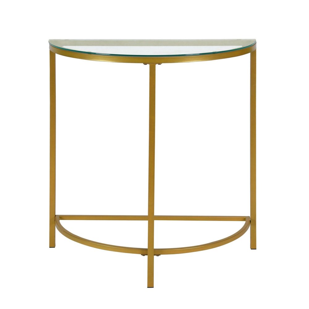 29" Clear and Gold Glass and Iron Half Circle Three Leg Console Table — view 3
