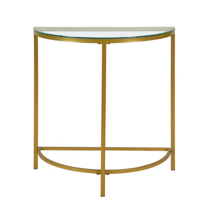 29" Clear and Gold Glass and Iron Half Circle Three Leg Console Table HomeRoots