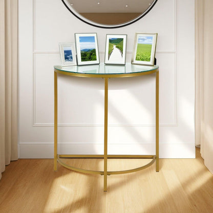 29" Clear and Gold Glass and Iron Half Circle Three Leg Console Table HomeRoots