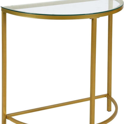 29" Clear and Gold Glass and Iron Half Circle Three Leg Console Table
