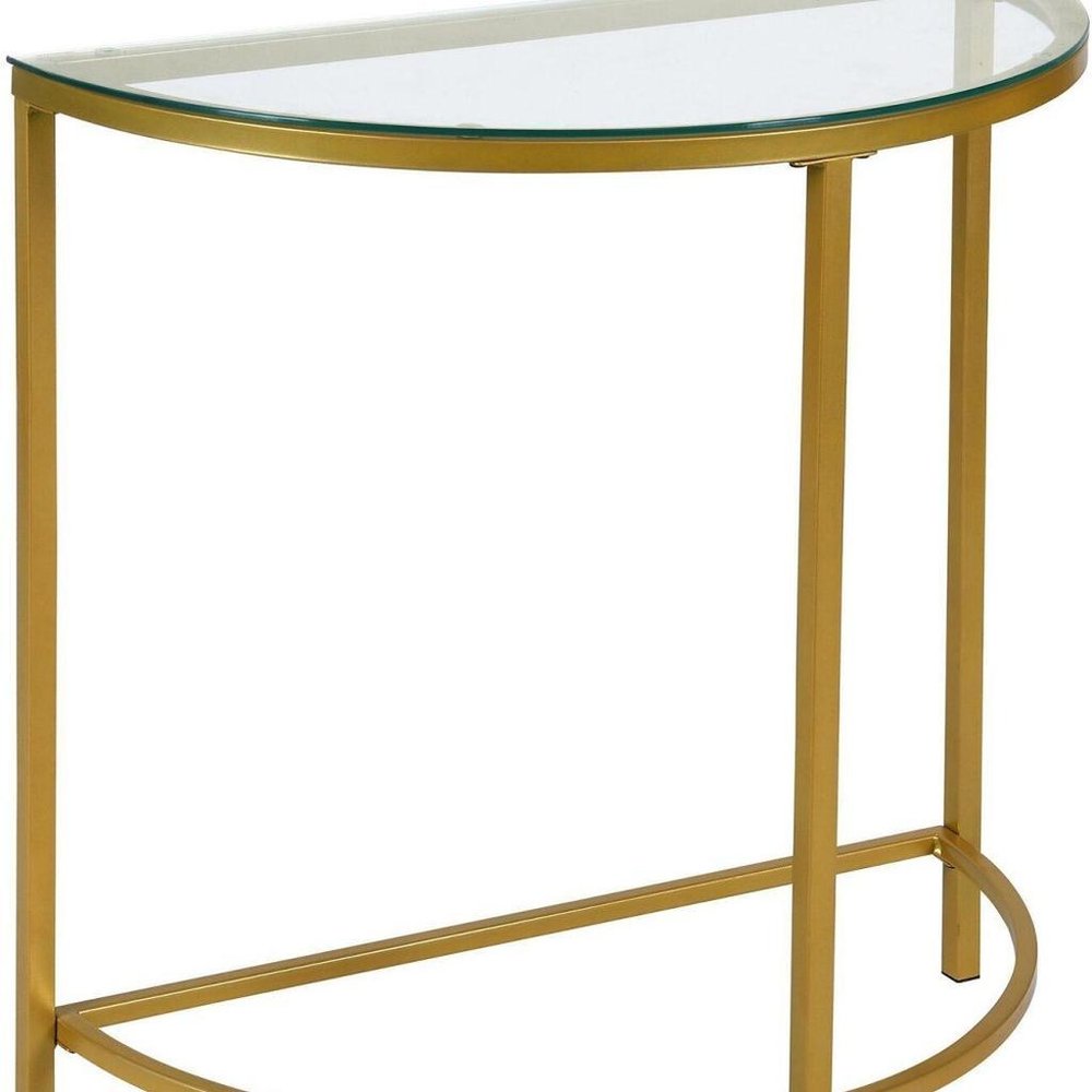 29" Clear and Gold Glass and Iron Half Circle Three Leg Console Table HomeRoots