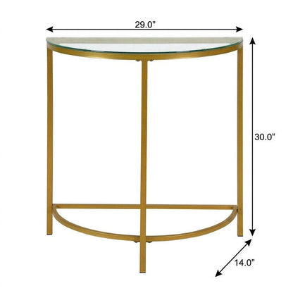 29" Clear and Gold Glass and Iron Half Circle Three Leg Console Table HomeRoots