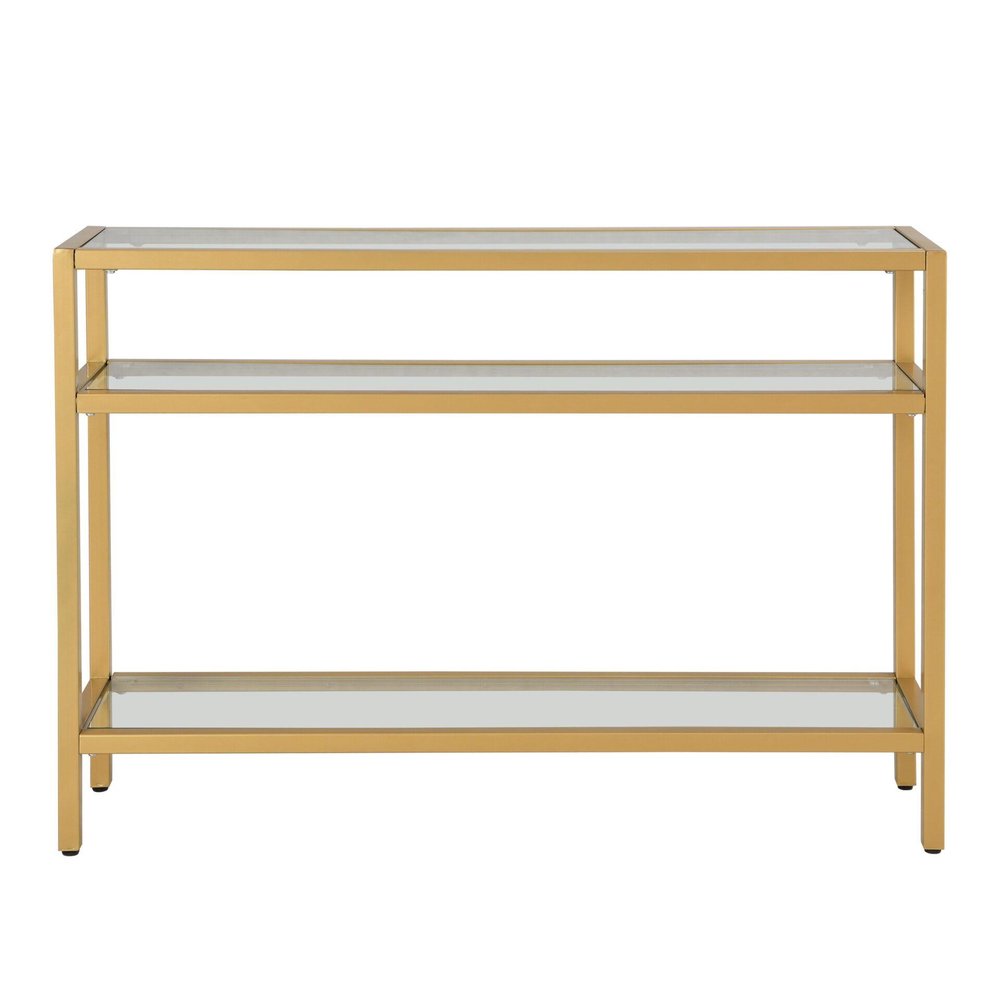 42" Clear and Gold Glass and Iron Console Table With Two Shelves — view 2