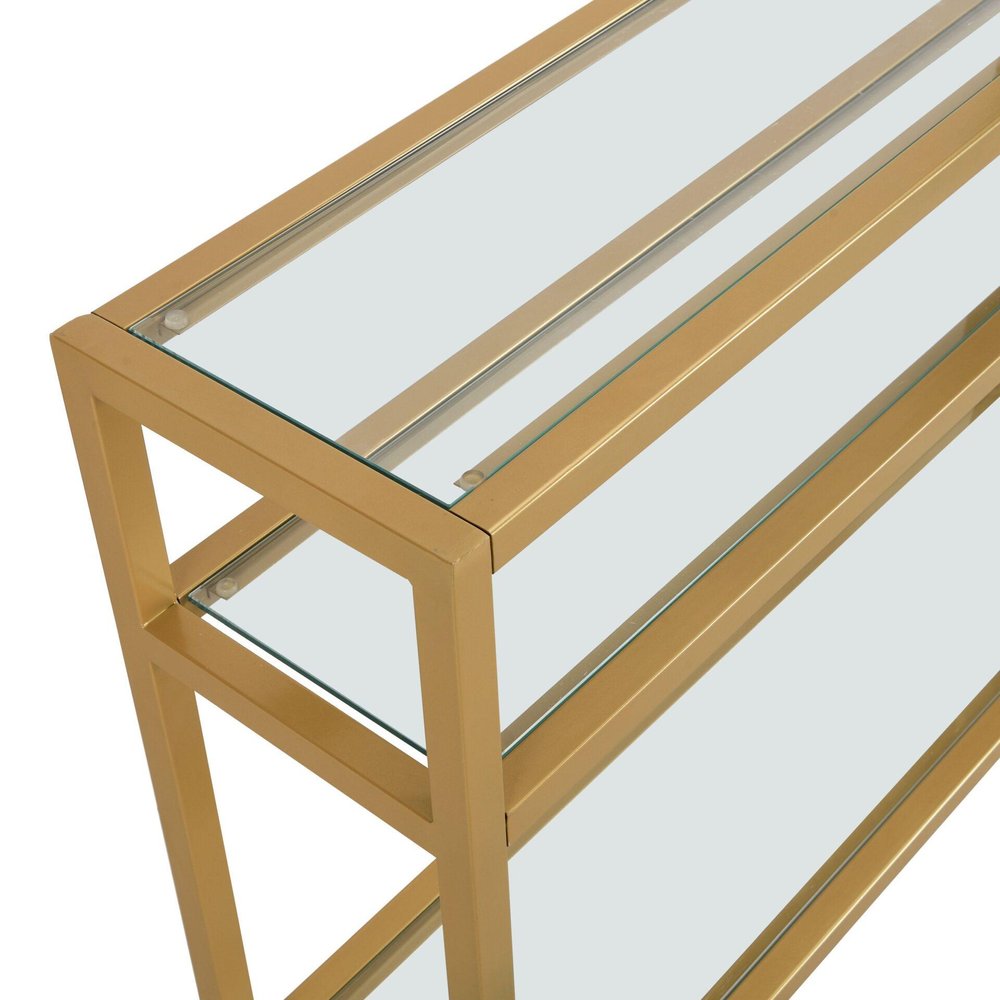 42" Clear and Gold Glass and Iron Console Table With Two Shelves — view 3