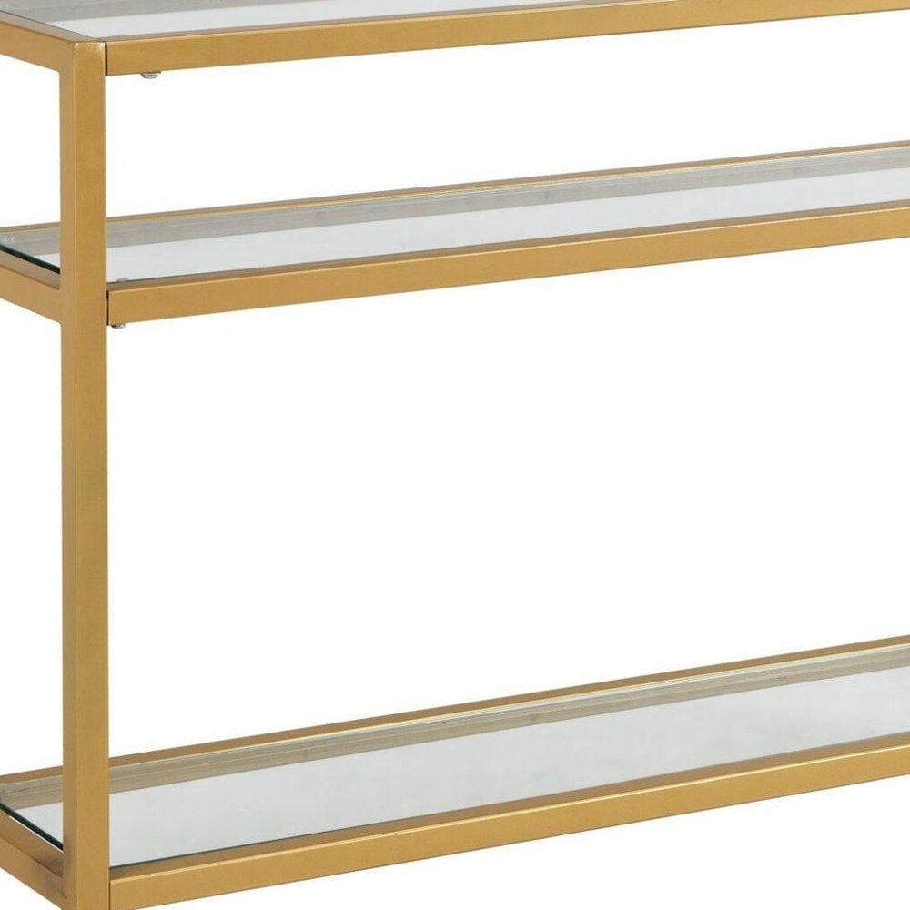 42" Clear and Gold Glass and Iron Console Table With Two Shelves — view 5