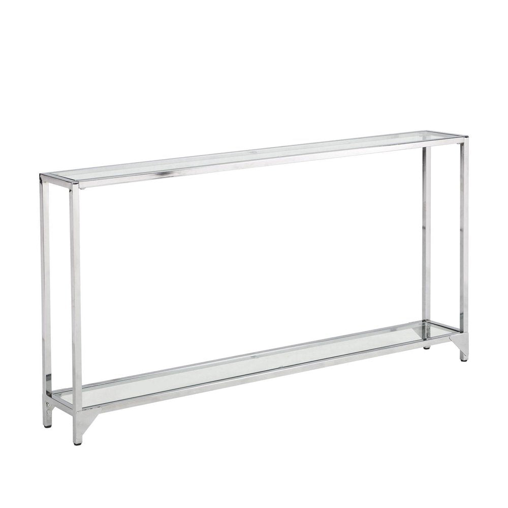 56" Clear and Silver Glass and Iron Frame Console Table With Shelf — view 1