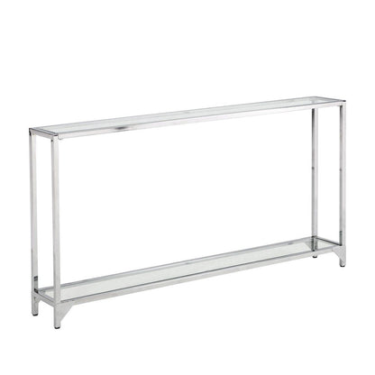56" Clear and Silver Glass and Iron Frame Console Table With Shelf HomeRoots