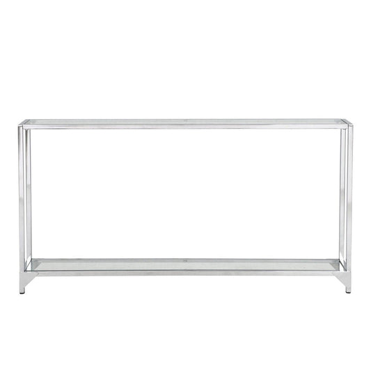 56" Clear and Silver Glass and Iron Frame Console Table With Shelf