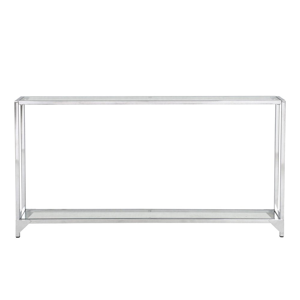 56" Clear and Silver Glass and Iron Frame Console Table With Shelf HomeRoots