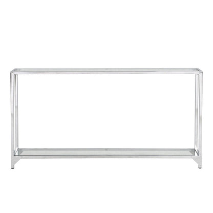 56" Clear and Silver Glass and Iron Frame Console Table With Shelf HomeRoots