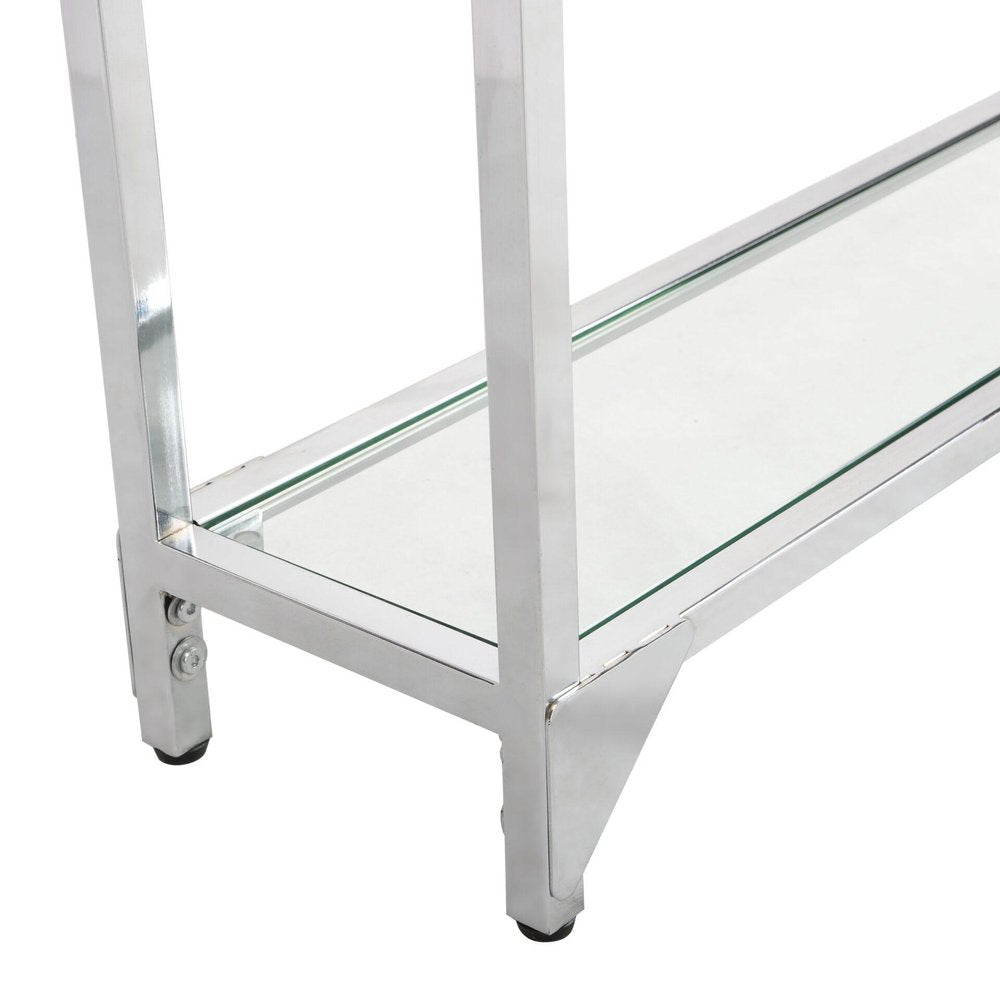 56" Clear and Silver Glass and Iron Frame Console Table With Shelf — view 3