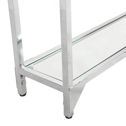 56" Clear and Silver Glass and Iron Frame Console Table With Shelf HomeRoots