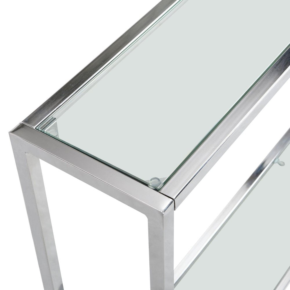 56" Clear and Silver Glass and Iron Frame Console Table With Shelf HomeRoots