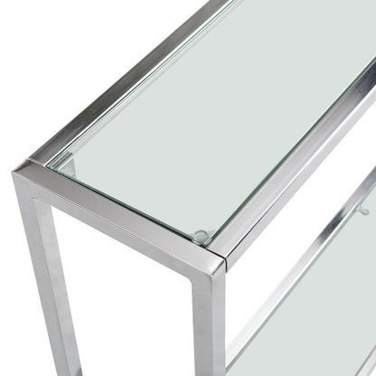 56" Clear and Silver Glass and Iron Frame Console Table With Shelf HomeRoots