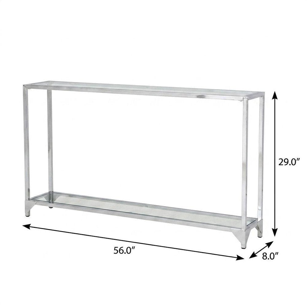 56" Clear and Silver Glass and Iron Frame Console Table With Shelf HomeRoots