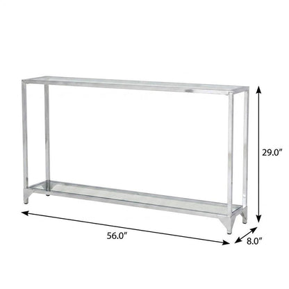 56" Clear and Silver Glass and Iron Frame Console Table With Shelf HomeRoots