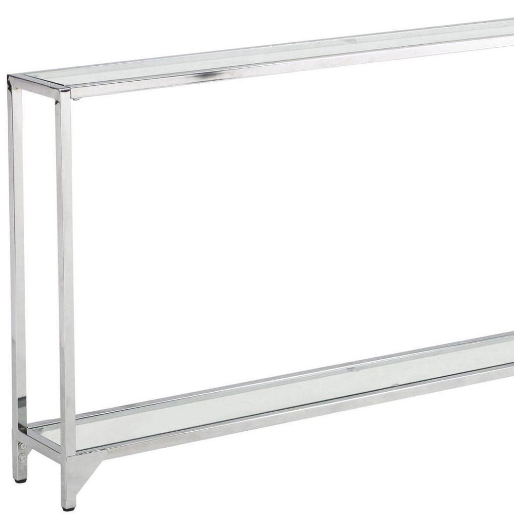 56" Clear and Silver Glass and Iron Frame Console Table With Shelf HomeRoots