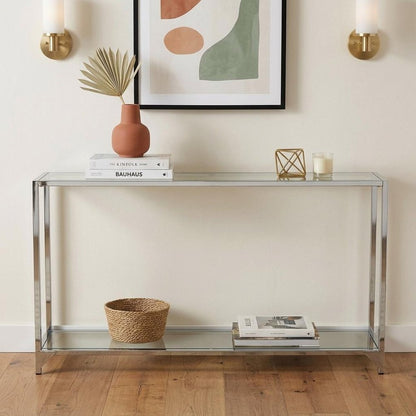56" Clear and Silver Glass and Iron Frame Console Table With Shelf HomeRoots